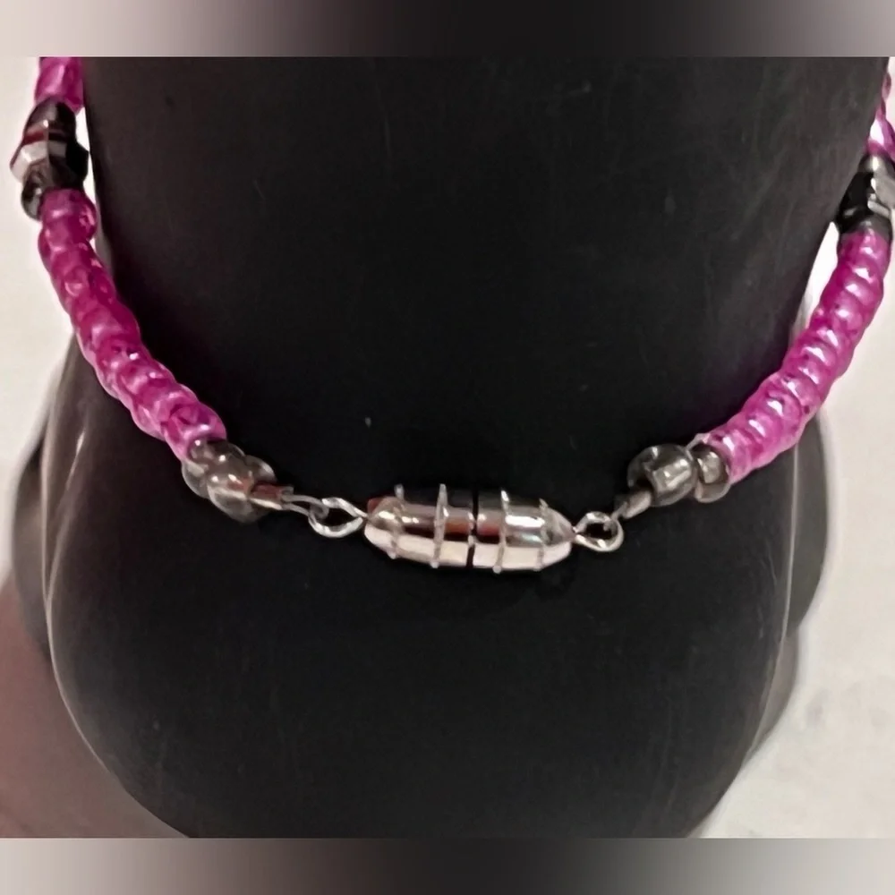 Pink Handmade Beaded Ankle Bracelet with Silver Accents
